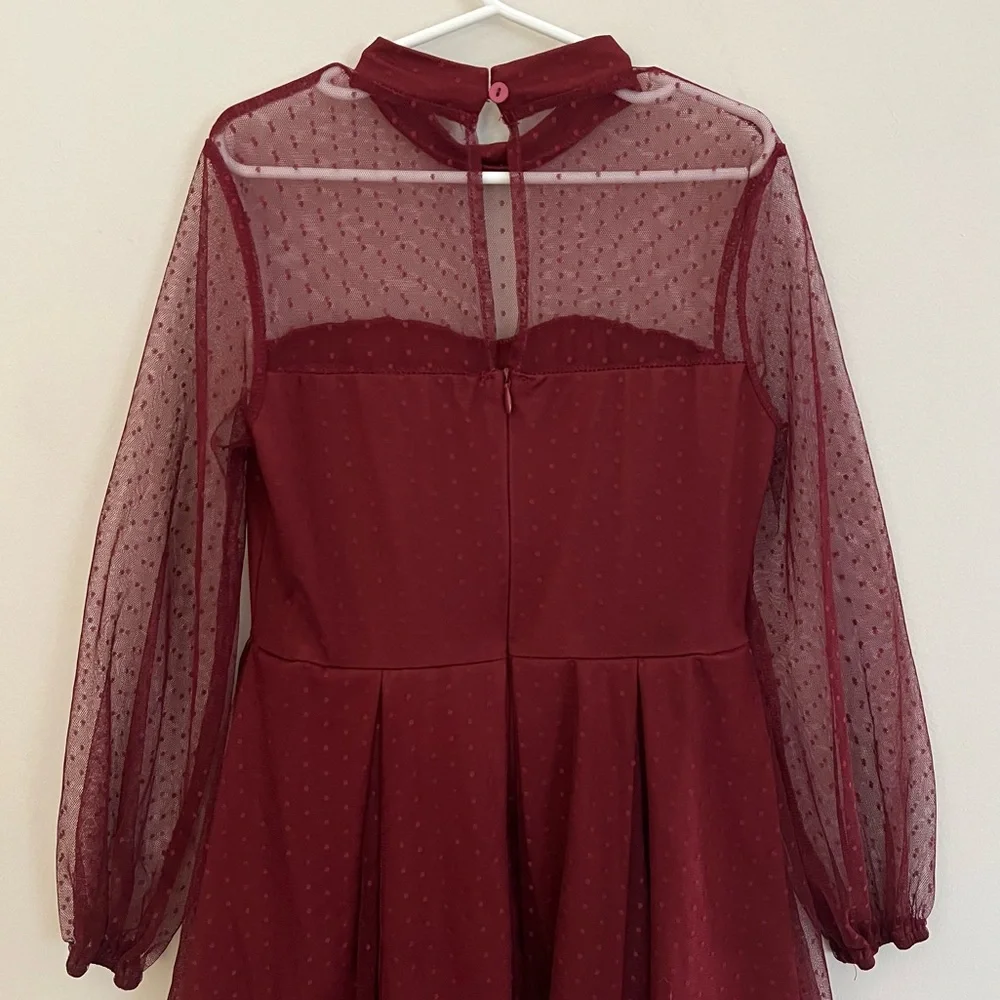Girls Burgundy Sheer Mesh A-line Dress.
